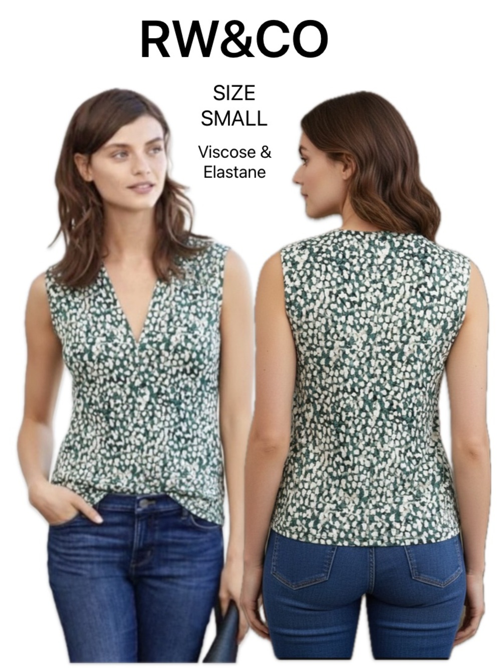 RW&CO Green & White Speckled Sleeveless V-Neck Double Layered Top Small